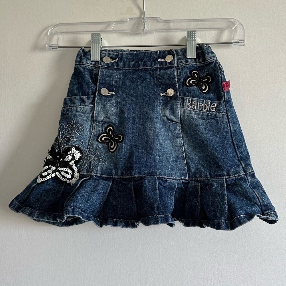 Barbie Girls Denim Y2K Embellished Patches Sequined Butterfly Skirt Size Medium